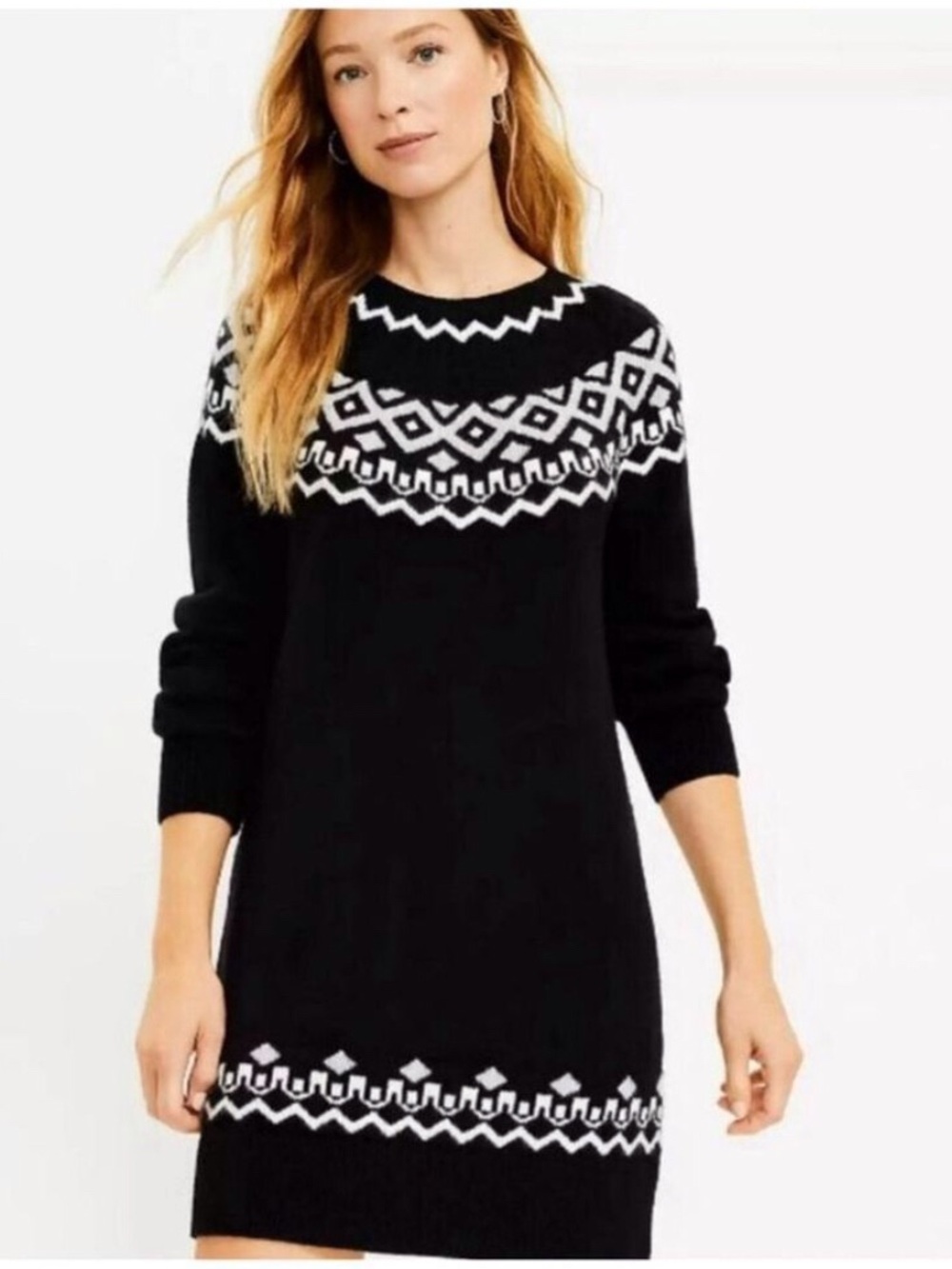 Loft NWT Fair Isle Print Sweater Dress size M black/white
